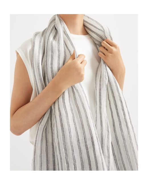 Brunello Cucinelli White Sparkling Striped Fringed Scarf