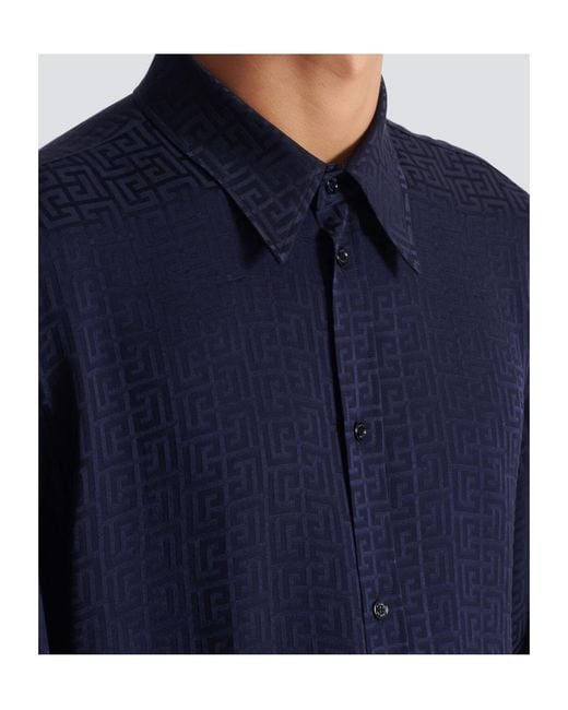 Balmain Blue Monogram Long-Sleeve Jacquard Shirt for men
