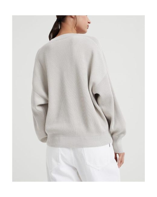 Brunello Cucinelli Gray Monili-Trim Ribbed Jumper