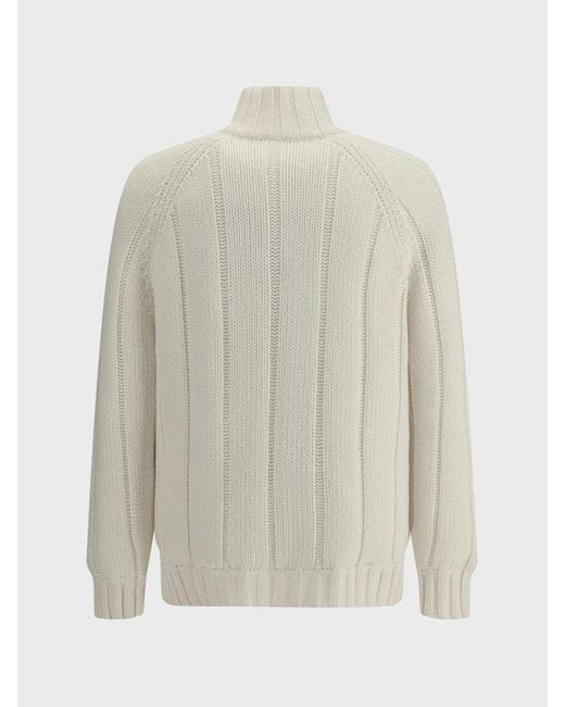 Brunello Cucinelli White Zip-Up Ribbed-Knit Jacket for men