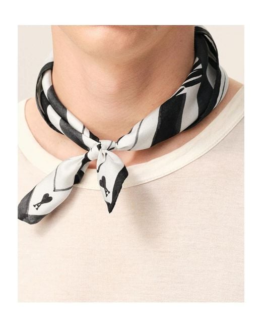 AMI Black Printed Silk Scarf for men