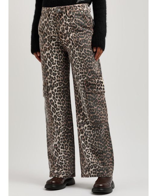 Ganni Gray Leopard-Print Straight-Leg Cargo Jeans