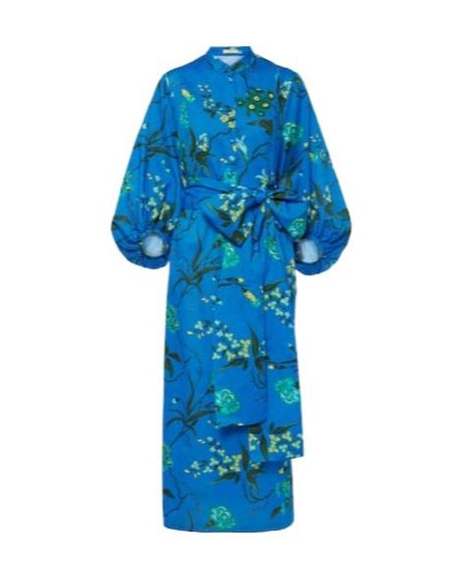 Erdem Blue Floral Cotton And Linen Midi Dress