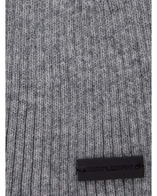 Saint Laurent Gray Logo Patch Ribbed Beanie for men