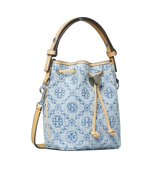 Tory Burch Blue T Monogram Drawstring Bucket Bag