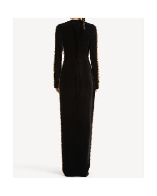 Balmain Black Long Velvet Dress With Embroidered Trim