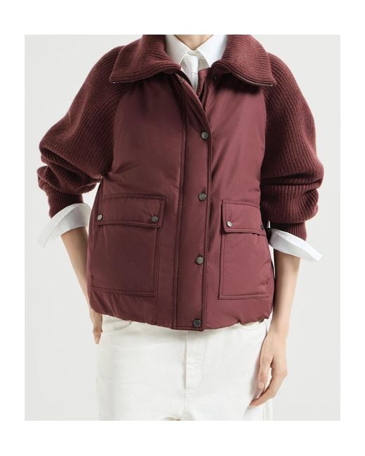 Brunello Cucinelli Red Techno Cotton Taffeta And Virgin Wool, Cashmere And Silk Knit Down Jacket With Shiny Zipper Pull