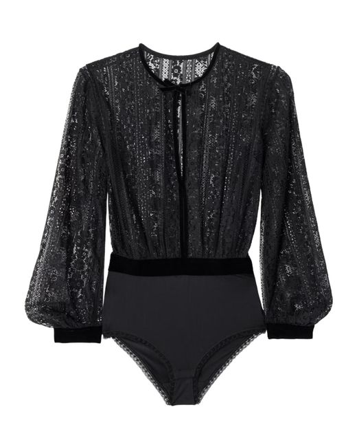 Eres Black Voltige Lace-Panel Velvet Bodysuit