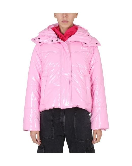 MSGM Pink Logo Printed Padded Jacket