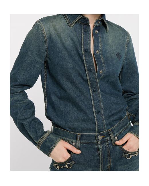 Gucci Blue Embroidery Long-Sleeve Denim Shirt
