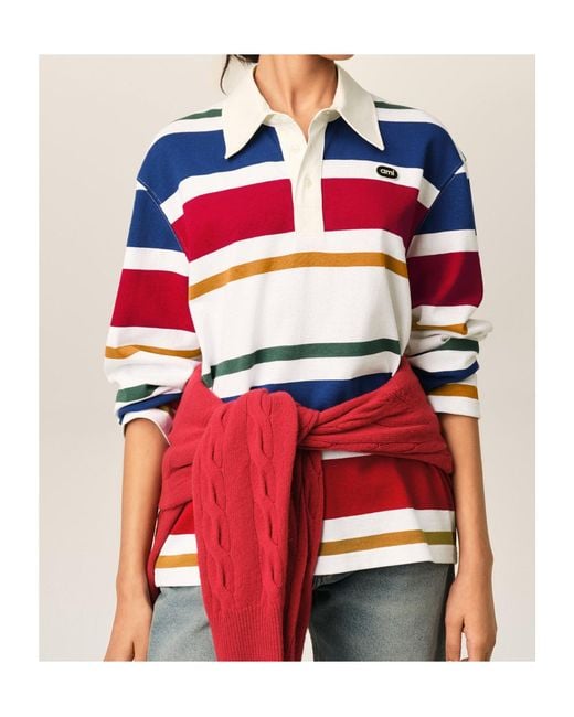 AMI Red Striped Cotton Polo With Ami Patch for men