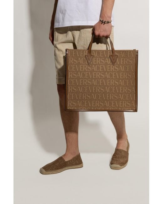 Versace Brown Logo-Jacquard Top Handle Bag for men