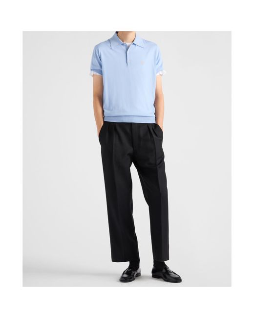 Prada Blue Logo Embroidered Short Sleeved Polo Shirt for men