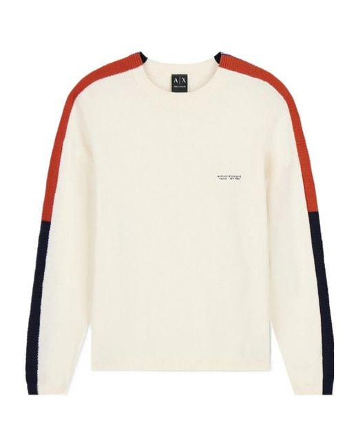 ARMANI EXCHANGE Natural Long-Sleeved Round Neck Drop Shoulder Color-Blocked Knit Sweater for men