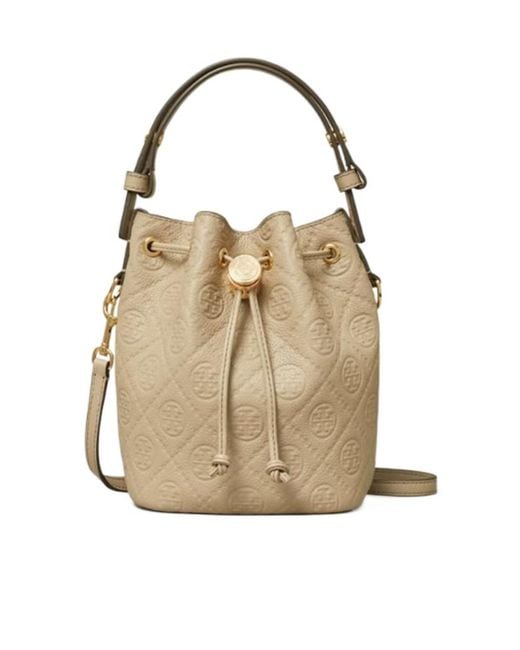 Tory Burch Natural Embossed-Crest Leather Mini Bucket Bag