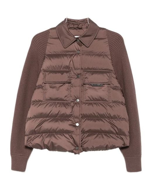 Brunello Cucinelli Brown Quilted-Panel Knit-Sleeve Jacket