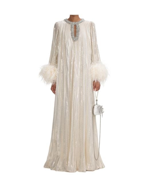 Self-Portrait Natural Long Dress Decorated With Feather Cuffs