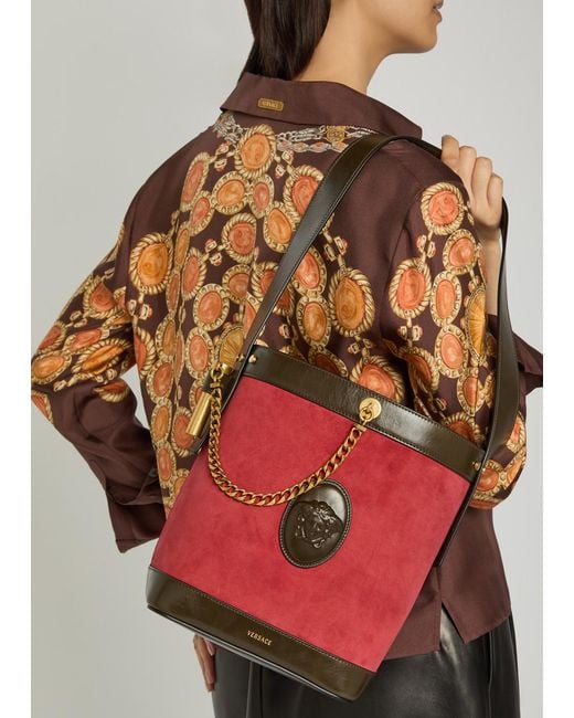 Versace Red Chain Small Leather And Suede Bucket Bag