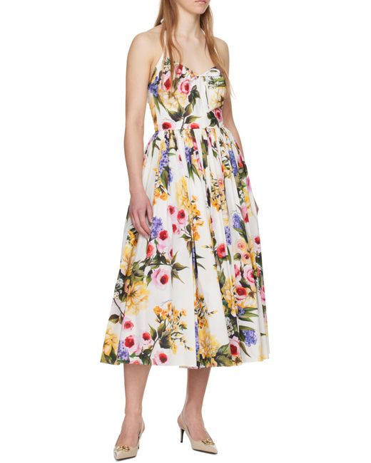 Dolce & Gabbana White Garden Printed Calf-Length Dress