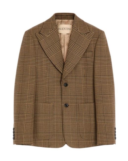 Valentino Brown Single-Breasted Wool Jacket With Glen Plaid Pattern for men