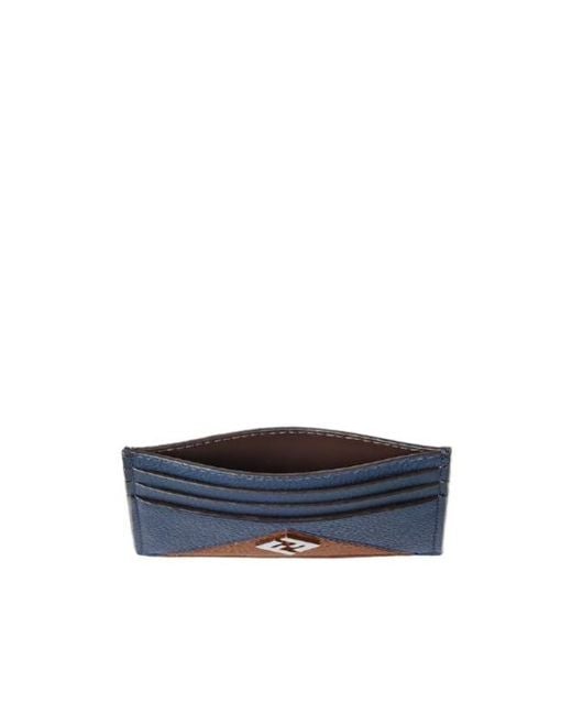 Fendi Blue Logo-Plaque Pebbled-Leather Cardholder for men