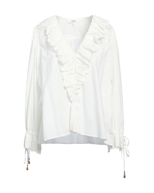 Chloé White Vneck Ruched Longsleeve Shirt