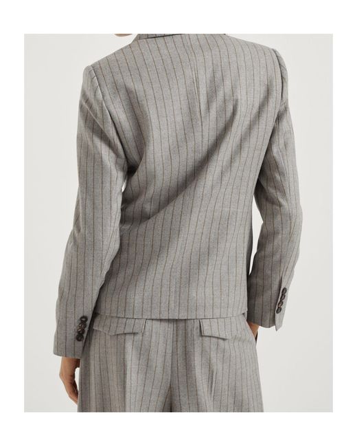 Brunello Cucinelli Gray Pinstripe Double-Breasted Blazer