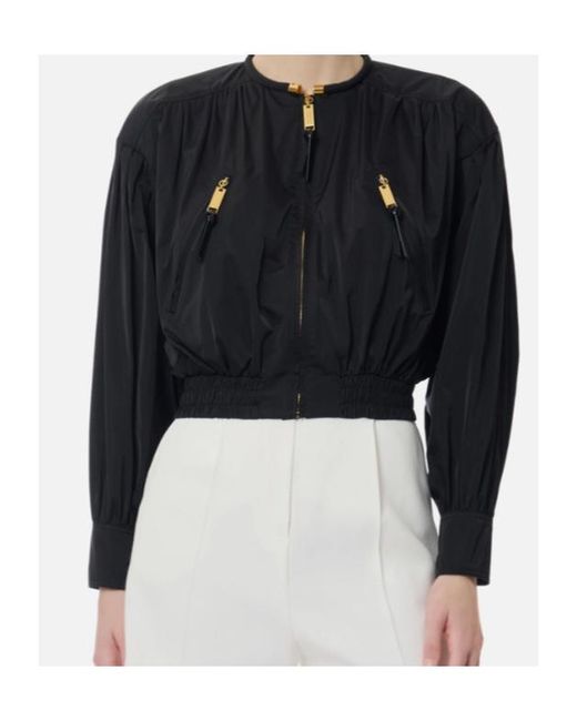 Elisabetta Franchi Black Zip-Up Crewneck Bomber Jacket