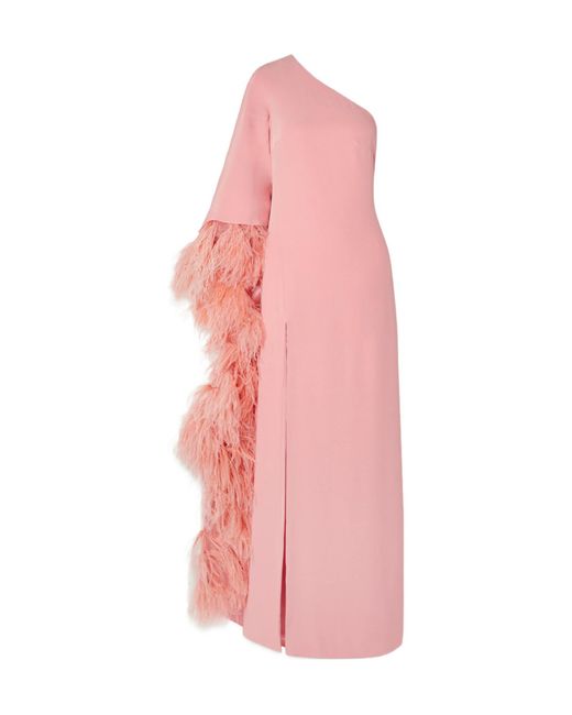 Monique Lhuillier Pink One-Sleeve Feather-Trimmed Gown