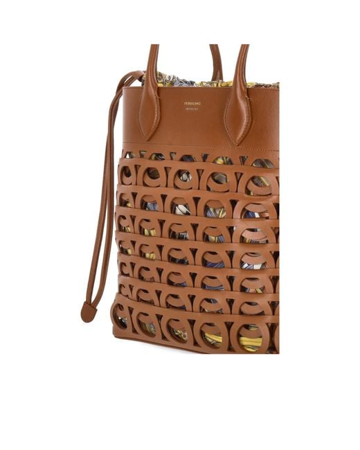 Ferragamo Brown Ferragamo Gancini Drawstring Medium Tote Bag