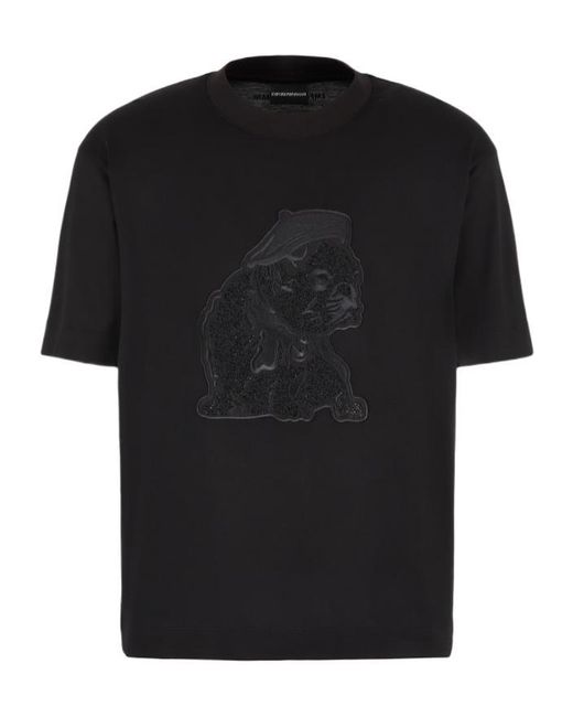 Emporio Armani Black Motif Embroidered Crewneck T-Shirt for men