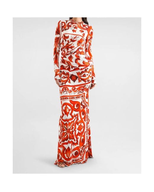 Dolce & Gabbana Red Long-Sleeve Majolica Print Maxi Dress