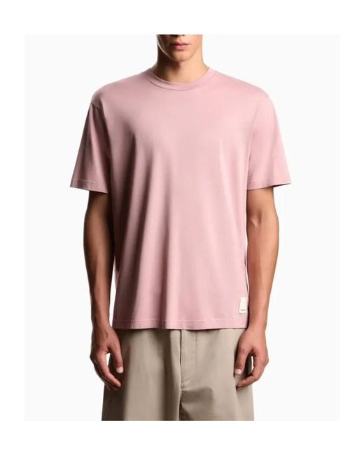 Emporio Armani Pink Pure Cotton Fitted Short-Sleeved Round Neck Plaid Appliqué Embroidered T-Shirt for men