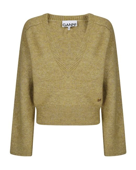 Ganni Green Mélange Deep V-Neck Knitted Sweater