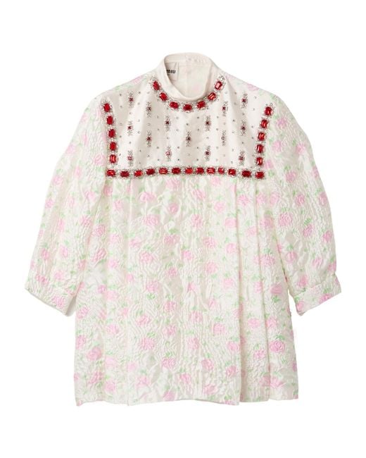 Miu Miu White Cloqué Mini-Dress With Crystals