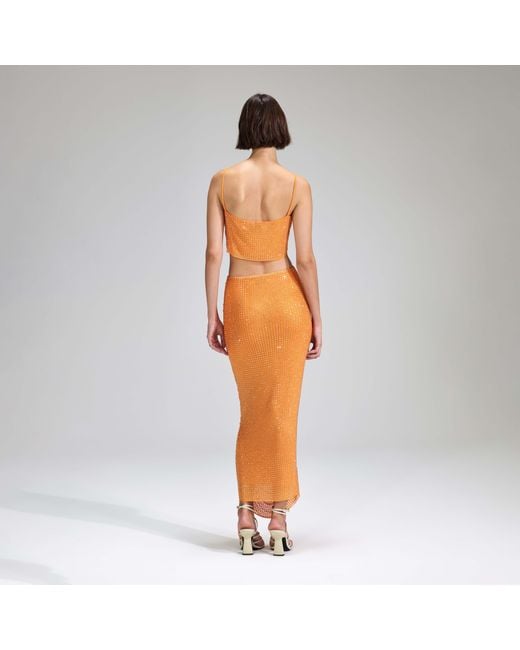 Self-Portrait Orange Rhinestone Mesh Top