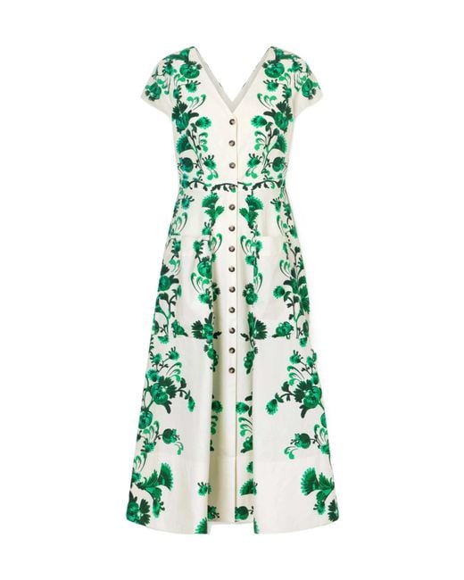 Saloni Green Printed Cotton-Poplin Midi Dress