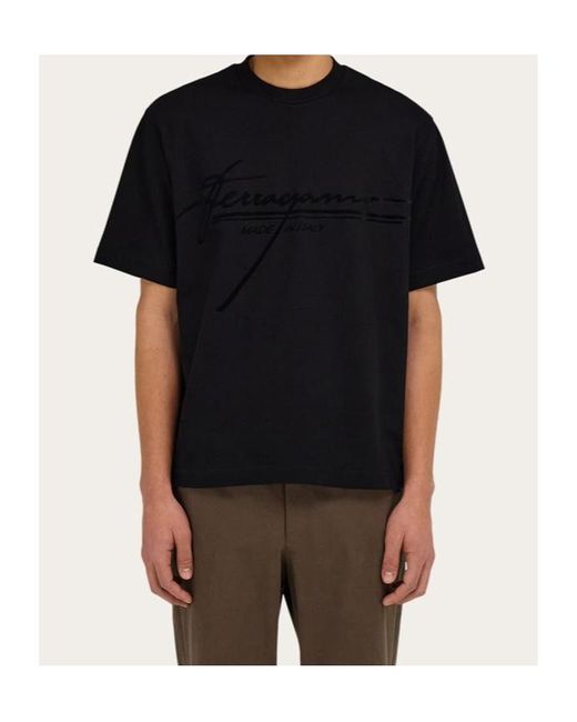 Ferragamo Black Crew Neck T-Shirt With Printed Signature for men