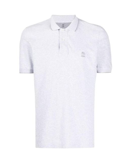 Brunello Cucinelli White Embroidered Logo Polo Shirt for men