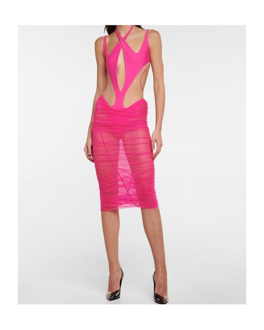 Mugler Pink Cutout Paneled Tulle Midi Dress
