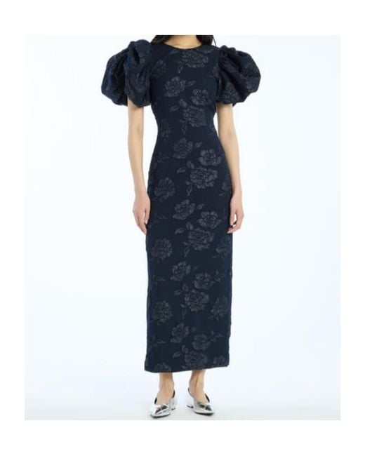 ROTATE BIRGER CHRISTENSEN Blue Floral Patterned Puff Sleeved Long Dress