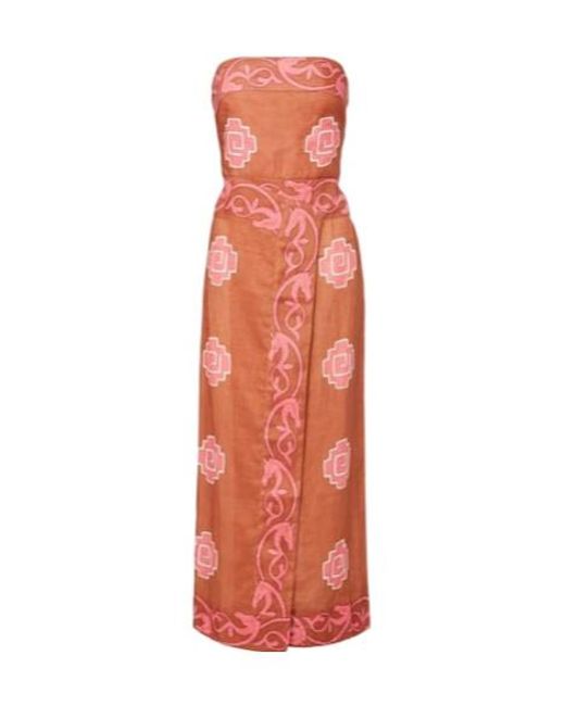 Johanna Ortiz Orange Embroidered Smocked Linen Midi Dress