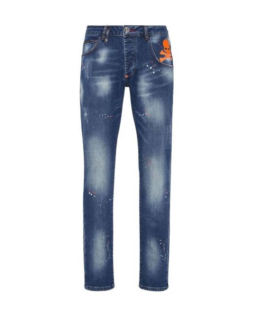 Philipp Plein Blue Paint Effect Straight Denim Trousers for men