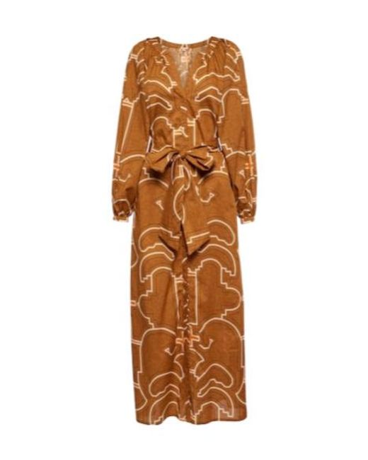 Johanna Ortiz Brown Printed Balloon-Sleeve Cotton Maxi Dress