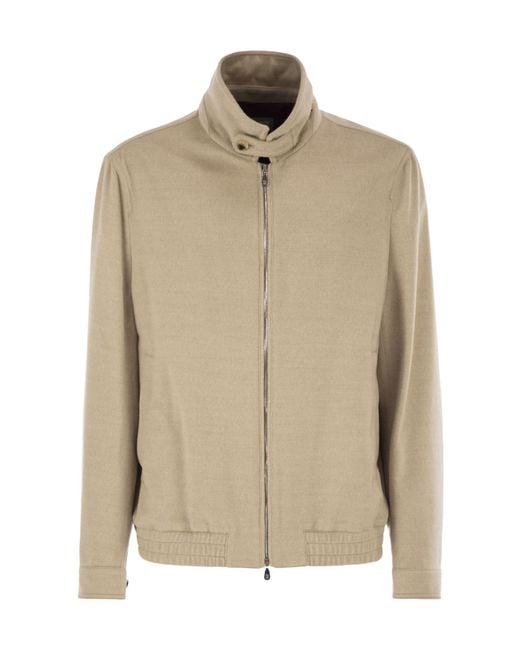 Brunello Cucinelli Natural Virgin Wool Bomber Jacket With Stand Collar for men