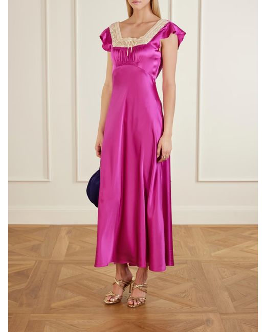 Doen Pink Corina Lace-Trimmed Silk-Satin Midi Dress