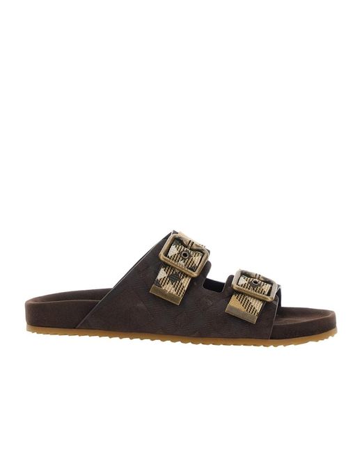 Burberry Brown Double Buckle Checked Sandals