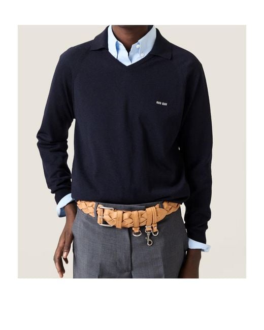 Miu Miu Blue Logo-Embroidered Polo Jumper