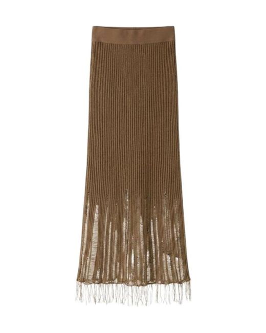 Uma Wang Brown Distressed Ribbed Knit Midi Skirt