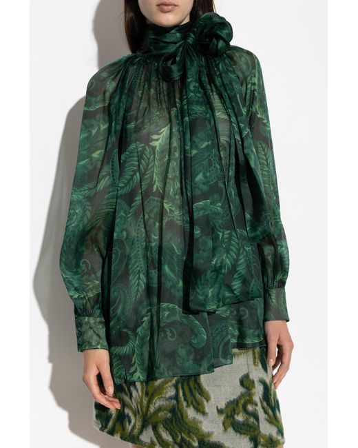 Etro Green All-Over Patterned Bow Detailed Blouse